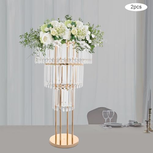 3 Tier Crystal Flower Stand, 2pcs Wedding Gold Vases Centerpieces with Hanging Crystals, Round Chandelier, alternate view 2