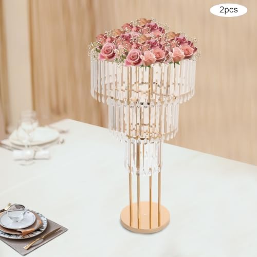 3 Tier Crystal Flower Stand, 2pcs Wedding Gold Vases Centerpieces with Hanging Crystals, Round Chandelier, alternate view 4