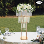 3 Tier Crystal Flower Stand, 2pcs Wedding Gold Vases Centerpieces with Hanging Crystals, Round Chandelier, alternate view 5