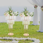 3 Tier Crystal Flower Stand, 2pcs Wedding Gold Vases Centerpieces with Hanging Crystals, Round Chandelier, alternate view 6