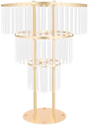 3 Tier Crystal Flower Stand, 2pcs Wedding Gold Vases Centerpieces with Hanging Crystals, Round Chandelier
