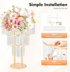 3 Tier Crystal Flower Stand, 2pcs Wedding Gold Vases Centerpieces with Hanging Crystals, Round Chandelier, alternate view 4