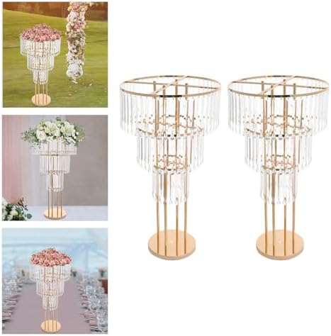 3 Tier Crystal Flower Stand, Wedding Gold Vases Centerpieces with Hanging Crystals, Round Chandelier Pedestal, alternate view