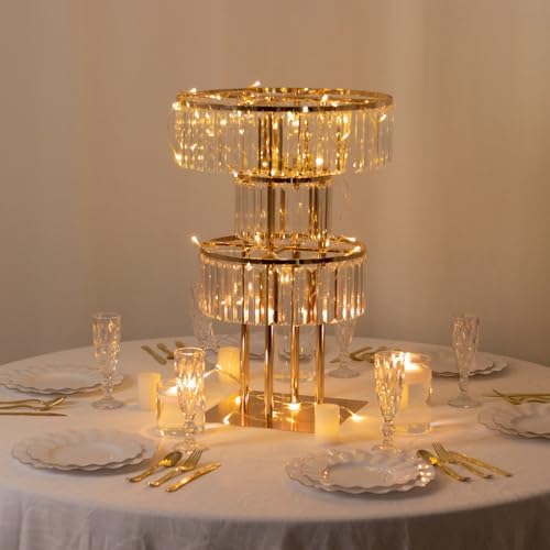 3-Tier Crystal Pendant Table Centerpiece Chandelier, Round Gold Metal Flower Stand - 27" Tall Wedding Pedestal