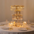 3-Tier Crystal Pendant Table Centerpiece Chandelier, Round Gold Metal Flower Stand - 27" Tall Wedding Pedestal