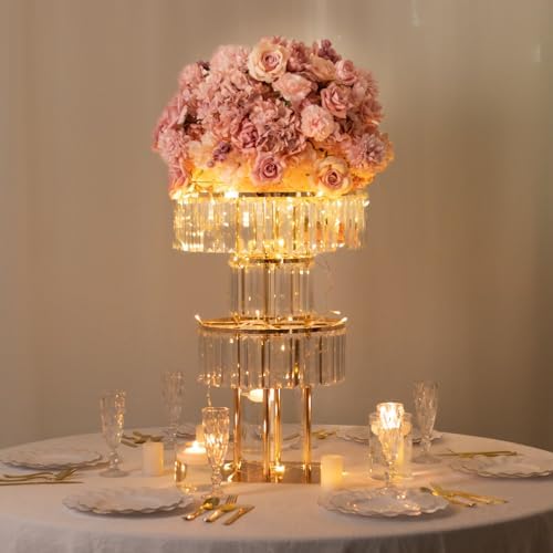 3-Tier Crystal Pendant Table Centerpiece Chandelier, Round Gold Metal Flower Stand - 27" Tall Wedding Pedestal, alternate
