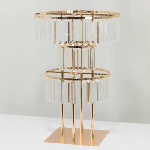 3-Tier Crystal Pendant Table Centerpiece Chandelier, Round Gold Metal Flower Stand - 27" Tall Wedding Pedestal, alternate