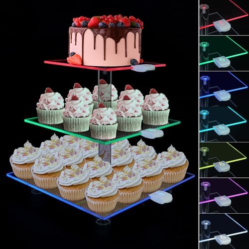 3 Tier Cupcake Holder with Rechargeable LED, 7 Colors Light Cupcake Tower, Acrylic Dessert Table Display Set for