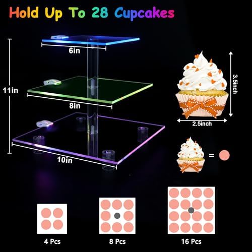 3 Tier Cupcake Holder with Rechargeable LED, 7 Colors Light Cupcake Tower, Acrylic Dessert Table Display Set for, alternate