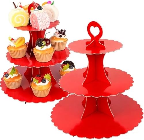 3-Tier Cupcake Stand 2 Pack Dessert Cup Cake Stand Tower Paper Round Cake Display Serving Plate for Anniversary