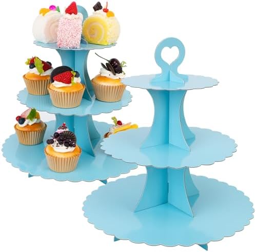3-Tier Cupcake Stand 2 Pack Dessert Cup Cake Stand Tower Paper Round Cake Display Serving Plate for Anniversary