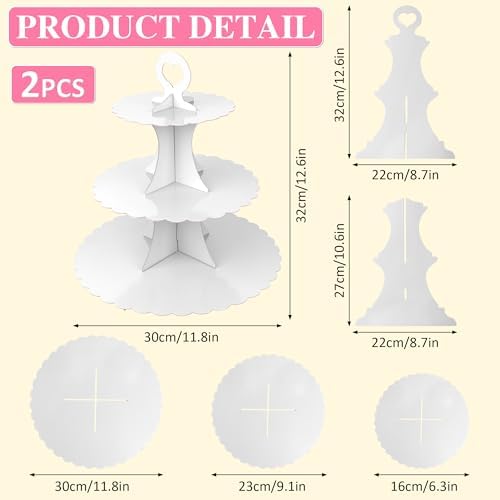3-Tier Cupcake Stand 2 Pack Dessert Cup Cake Stand Tower Paper Round Cake Display Serving Plate for Anniversary, alternate