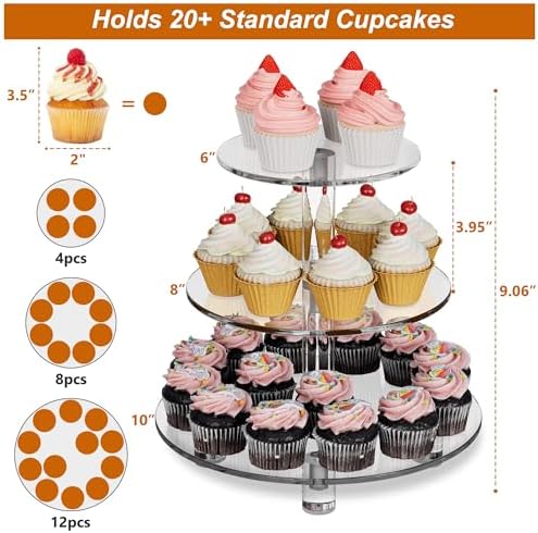 3 Tier Cupcake Stand, 4mm Thick Heavy Duty Acrylic Dessert Table Display Trays, 10" 8" 6" Round Cupcake Holder, alternate