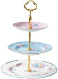 3 Tier Cupcake Stand, Bone China Tiered Tray Stand, Floral Dessert Cake Stand, 3 Tier Serving Tray with Gold Rod