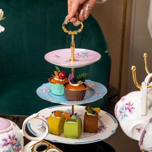 3 Tier Cupcake Stand, Bone China Tiered Tray Stand, Floral Dessert Cake Stand, 3 Tier Serving Tray with Gold Rod, alternate