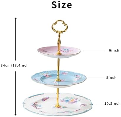 3 Tier Cupcake Stand, Bone China Tiered Tray Stand, Floral Dessert Cake Stand, 3 Tier Serving Tray with Gold Rod, alternate