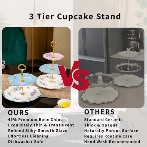 3 Tier Cupcake Stand, Bone China Tiered Tray Stand, Floral Dessert Cake Stand, 3 Tier Serving Tray with Gold Rod, alternate