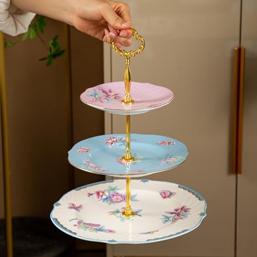 3 Tier Cupcake Stand, Bone China Tiered Tray Stand, Floral Dessert Cake Stand, 3 Tier Serving Tray with Gold Rod, alternate