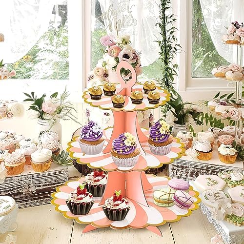 3-Tier Cupcake Stand, Cardboard Cupcake Tower, Dessert Cup Cake Stand Tower for Birthday Wedding Party, alternate view 2