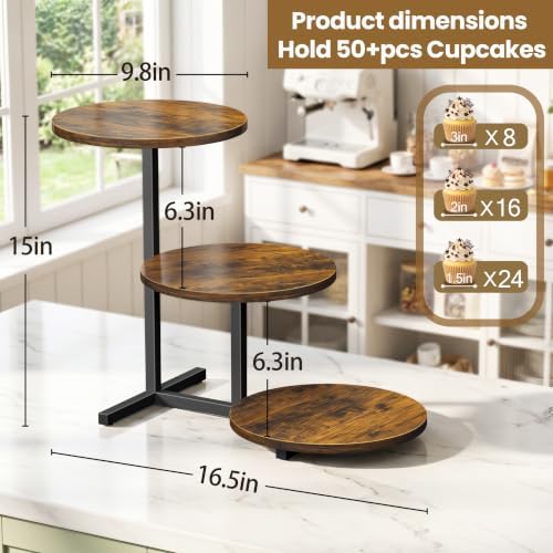 3 Tier Cupcake Stand, Cup Cake Tower Stand, Tiered Display Stand, Brown in 16.5"x15"x9.8" in Brown 1pack, alternate view 3