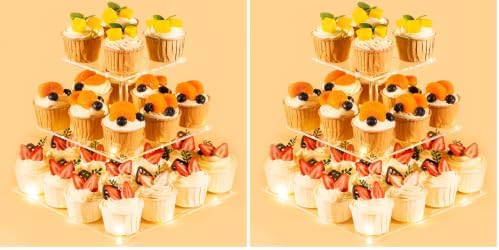 3 Tier Cupcake Stand Cupcake Holder, Acrylic Cupcake Tower with LED Yellow Light for 24 Cupcakes, Dessert Table