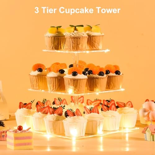 3 Tier Cupcake Stand Cupcake Holder, Acrylic Cupcake Tower with LED Yellow Light for 24 Cupcakes, Dessert Table, alternate