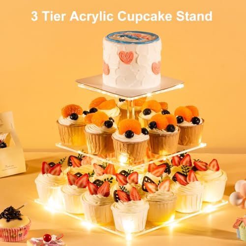 3 Tier Cupcake Stand Cupcake Holder, Acrylic Cupcake Tower with LED Yellow Light for 24 Cupcakes, Dessert Table, alternate