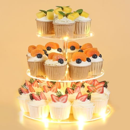3 Tier Cupcake Stand Cupcake Holder with LED, Acrylic Round Cupcake Tower in 10.2 x 10.2 x 8.8 IN in