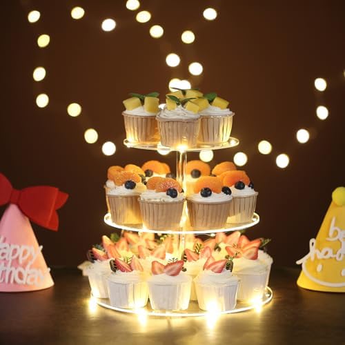 3 Tier Cupcake Stand Cupcake Holder with LED, Acrylic Round Cupcake Tower in 10.2 x 10.2 x 8.8 IN in, alternate view 2