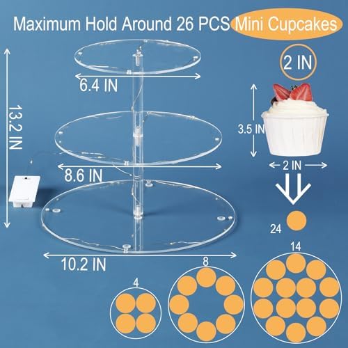 3 Tier Cupcake Stand Cupcake Holder with LED, Acrylic Round Cupcake Tower in 10.2 x 10.2 x 8.8 IN in, alternate view 3