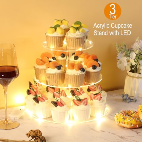 3 Tier Cupcake Stand Cupcake Holder with LED, Acrylic Round Cupcake Tower in 10.2 x 10.2 x 8.8 IN in, alternate view 4