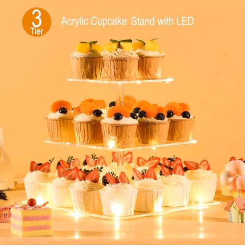 3 Tier Cupcake Stand Cupcake Holder with LED, Acrylic Square Cupcake Tower in 9.7 x 9.7 x 8.8 IN in transparency, alternate