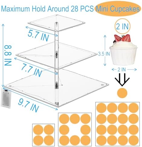 3 Tier Cupcake Stand Cupcake Holder with LED, Acrylic Square Cupcake Tower in 9.7 x 9.7 x 8.8 IN in transparency, alternate
