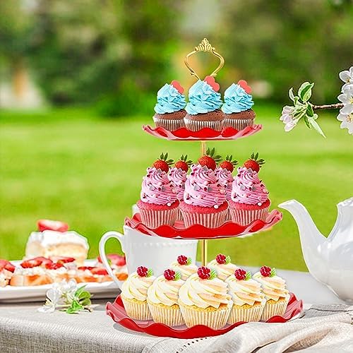3 Tier Cupcake Stand Holder, Plastic Cup Cake Tower Stand, Red in Red, alternate view 2