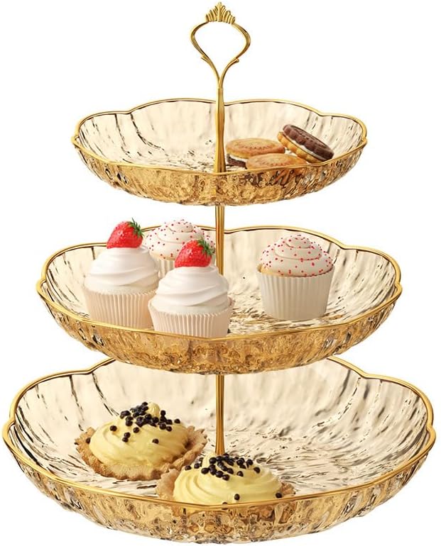 3 Tier Cupcake Stand, Plastic 3 Tiered Serving Stand, Dessert Tower Tray for Party, Birthday, Wedding, Gold in