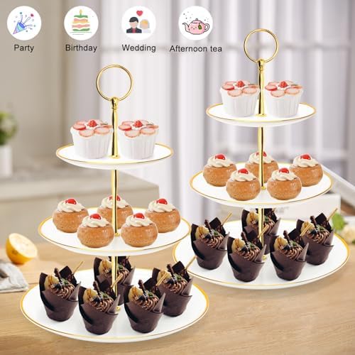 3 Tier Cupcake Stand, Plastic Tiered Serving Tray, Round in White, alternate view 2