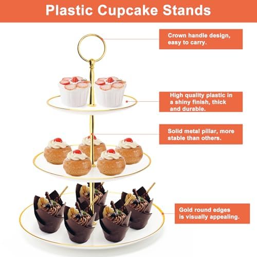 3 Tier Cupcake Stand, Plastic Tiered Serving Tray, Round in White, alternate view 4