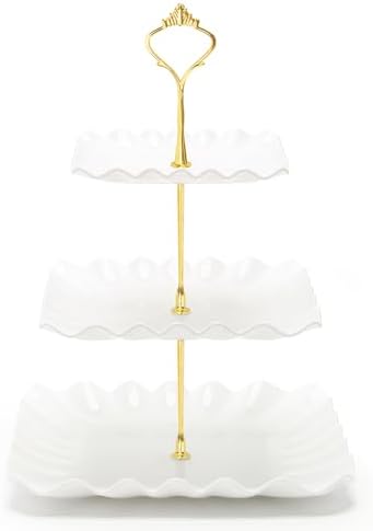 3 Tier Cupcake Stand, Plastic Tiered Serving Tray, Square in White