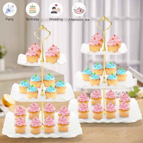 3 Tier Cupcake Stand, Plastic Tiered Serving Tray, Square in White, alternate view 4