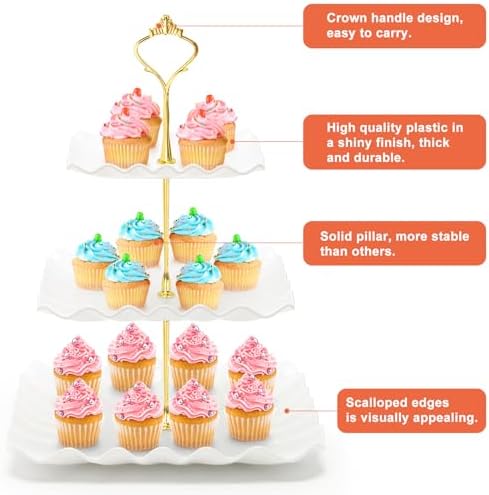 3 Tier Cupcake Stand, Plastic Tiered Serving Tray, Square in White, alternate view 5