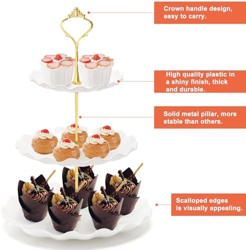 3 Tier Cupcake Stand, Plastic Tiered Serving Tray in White, alternate view 4
