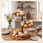 3 Tier Cupcake Stand, Scalloped Edge Wooden Cake Stand for Dessert Table in brown, alternate view 3