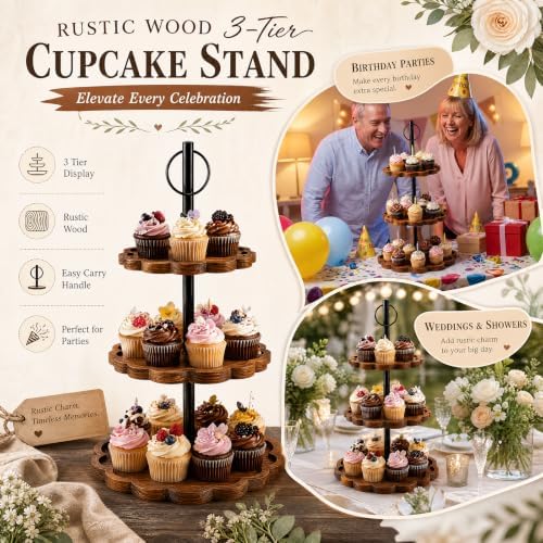 3 Tier Cupcake Stand, Scalloped Edge Wooden Cake Stand for Dessert Table in brown, alternate view 4