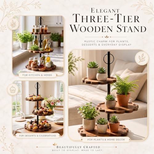 3 Tier Cupcake Stand, Scalloped Edge Wooden Cake Stand for Dessert Table in brown, alternate view 6