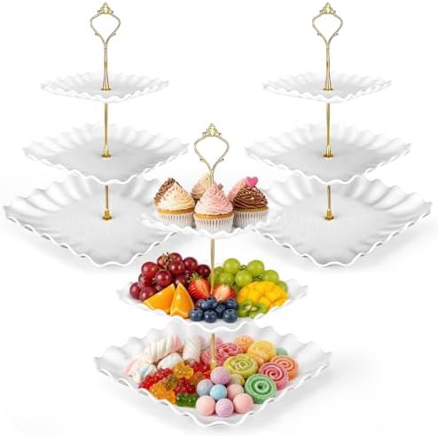 3 Tier Cupcake Stand Tower, Dessert Serving Tray, White, 2 Pack in White