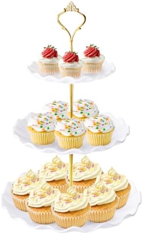 3 Tier Cupcake Stand Tower, Plastic Cup Cake Holder(Round Wave) in White
