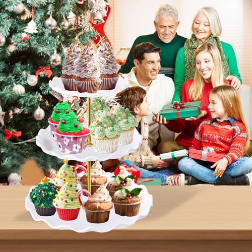 3 Tier Cupcake Stand Tower, Plastic Cup Cake Holder(Round Wave) in White, alternate view 2