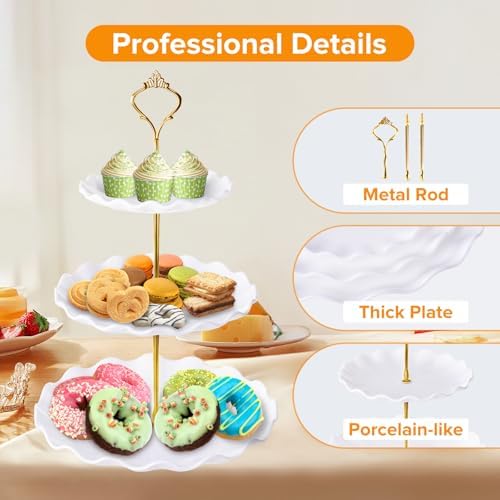 3 Tier Cupcake Stand Tower, Plastic Cup Cake Holder(Round Wave) in White, alternate view 4