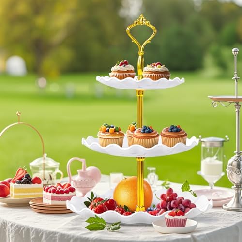 3-Tier Cupcake Stand, Wavy Plastic Tiered Serving Tray, Cup Cake Tower for Birthday Wedding Party Decoration, alternate view