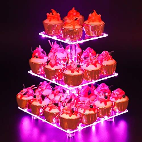 3 Tier Cupcake Stand with Pink Light, Cupcake Tower for 24 Cupcakes in Pink